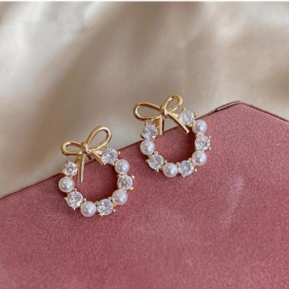 Madam P Elegant Trendy Round Crystal Wreath Bow Stud Earrings For Women Jewelry - Picture 6 of 6